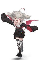  1girl :d ahoge animal_ear_legwear ankle_boots asymmetrical_legwear badge bag bare_shoulders black_boots black_jacket black_skirt black_thighhighs blush boots button_badge cat_ear_legwear collarbone colored_tips demon_wings dyed_ahoge fang full_body grey_hair hair_between_eyes handbag hashtag-only_commentary highres jacket jewelry leaning_forward looking_at_viewer makaino_ririmu makaino_ririmu_(2nd_costume) medium_hair miniskirt mismatched_legwear multicolored_hair necklace nijisanji off-shoulder_jacket off_shoulder open_mouth outstretched_arms platform_boots pointy_ears red_bag red_eyes red_streaks red_wings running saiko_daze shoulder_bag sidelocks simple_background skin_fang skirt sleeves_past_fingers sleeves_past_wrists smile solo spread_arms strap_slip streaked_hair striped_clothes striped_thighhighs thigh-highs twintails virtual_youtuber white_background white_thighhighs wings zettai_ryouiki zipper zipper_pull_tab 