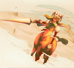  1girl bleach breasts commentary crop_top desert english_commentary facial_mark frown green_hair highres holding holding_polearm holding_weapon lance large_breasts lips navel nelliel_tu_odelschwanck polearm resurreccion serious skull_on_head solo taur tumblr_username umbra_(edits_umbra) watermark weapon 