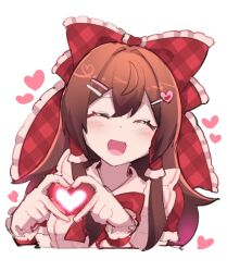 1girl :d ^_^ alternate_costume apron bow bowtie brown_hair closed_eyes clover_(clover11_40) commentary cropped_shoulders double-parted_bangs dress facing_viewer four-finger_heart_hands frilled_bow frilled_hair_tubes frills gingham_bow hair_bow hair_ornament hair_tubes hairclip hakurei_reimu heart heart_hair_ornament heart_hands heart_in_heart_hands highres long_hair open_mouth red_bow red_bowtie red_dress simple_background smile solo touhou untranslatable_commentary upper_body white_apron white_background wrist_cuffs 