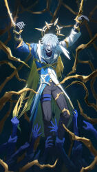  1boy :d absurdres artist_name black_pants blue_hair blue_hands bound bound_wrists cloak commentary disembodied_hand english_commentary grey_shirt halo halo_behind_head head_wings highres honkai:_star_rail honkai_(series) hood long_sleeves male_focus mask medium_hair moonya pants shirt smile solo_focus sunday_(honkai:_star_rail) thigh_strap white_cloak white_wings wings yellow_halo 