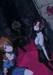  2boys 3girls absurdres ayanami_rei blue_eyes blue_hair blue_hairband brown_hair dark_background glasses grey_hair hairband highres ikari_shinji interface_headset_(evangelion) makinami_mari_illustrious multiple_boys multiple_girls nagisa_kaworu neon_genesis_evangelion nerv orange_hair rebuild_of_evangelion red-framed_eyewear red_eyes red_water school_uniform shadow souryuu_asuka_langley stari_(user_mfht4427) tokyo-3_middle_school_uniform 