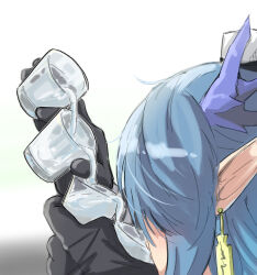  1girl absurdres arknights black_gloves blue_hair cup dragon_girl dragon_horns drinking earrings gloves highres holding holding_cup horns jewelry ling_(arknights) long_hair pointy_ears pouring seung-aeja solo tassel tassel_earrings water white_background 