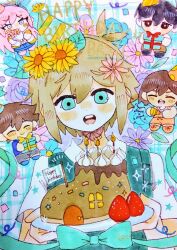  1girl 4boys aubrey_(faraway)_(omori) aubrey_(omori) basil_(faraway)_(omori) basil_(omori) birthday_cake black_eyes black_hair blonde_hair blue_eyes blue_hairband bouquet bright_pupils brothers brown_hair cake candle chibi closed_eyes closed_mouth commentary_request double-parted_bangs flower food geldslzcyf59548 gift hair_between_eyes hair_flower hair_ornament hairband happy_birthday hat hero_(faraway)_(omori) hero_(omori) holding holding_bouquet holding_gift holding_party_popper holding_plate kel_(faraway)_(omori) kel_(omori) long_hair looking_at_viewer multiple_boys omori open_mouth orange_shoes orange_shorts party_hat party_popper pink_hair plate shoes short_hair shorts siblings sidelocks sunny_(omori) teeth tongue upper_teeth_only white_pupils 