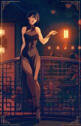  1girl batgirl batman_(series) black_dress black_hair black_shoes bridge cassandra_cain china_dress chinese_clothes chinese_new_year commission dc_comics dress earrings flower highres jewelry lantern multiple_scars night pantyhose paper_lantern scar shoes short_hair 
