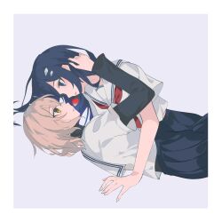  2girls absurdres ampheta black_skirt blue_eyes blue_hair brown_hair commentary_request eye_contact food fruit hand_in_another's_hair highres layered_sleeves long_hair long_sleeves looking_at_another medium_hair mouth_hold multiple_girls necktie oumi_shiori pleated_skirt purple_background red_necktie school_uniform serafuku shirt short_over_long_sleeves short_sleeves simple_background skirt strawberry undershirt watashi_wo_tabetai_hitodenashi white_shirt yaotose_hinako yellow_eyes yuri 