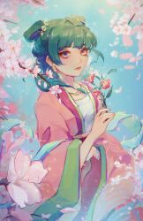  1girl absurdres blue_eyes blue_sky blunt_bangs cherry_blossoms closed_mouth cowboy_shot double_bun earrings eyeliner flower green_hair hair_bun highres holding holding_flower jeunny jewelry kusuriya_no_hitorigoto looking_at_viewer makeup maomao_(kusuriya_no_hitorigoto) petals pink_petals red_eyeliner sidelocks sky solo wide_sleeves 