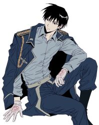  1boy amestris_military_uniform black_hair bnanadoto fullmetal_alchemist gloves hashtag-only_commentary highres invisible_chair jacket jacket_on_shoulders male_focus military_jacket military_uniform open_clothes open_jacket pentagram roy_mustang short_hair simple_background sitting solo white_background white_gloves 