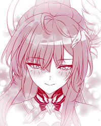  1girl aemeath_(wuthering_waves) ahoge blush closed_mouth commentary hair_ornament half-closed_eyes hashtag-only_commentary highres light_particles long_hair looking_down mole mole_on_shoulder monochrome namaeman ponytail portrait smile solo star-shaped_pupils star_(symbol) symbol-shaped_pupils wuthering_waves 