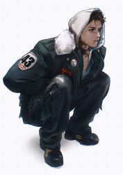  1boy badge black_jacket black_pants black_shoes brown_eyes brown_hair button_badge collared_jacket dead_by_daylight frank_morrison full_body fur-trimmed_collar fur_trim hashtag-only_commentary highres hood hood_up hoodie jacket male_focus multiple_scars neck_tattoo pants scar scar_across_eyebrow scar_on_face scar_on_mouth scar_on_nose seencrow shell_casing shoes simple_background solo squatting tattoo white_background white_fur white_hoodie 