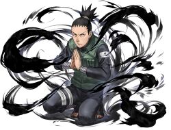  1boy black_boots black_hair black_pants black_shirt boots flak_jacket jacket looking_at_viewer nara_shikamaru naruto_(series) naruto_shippuuden:_ultimate_ninja_blazing official_art open-toe_boots own_hands_together pants shirt solo squatting 