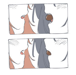  2girls black_hair blush brown_hair chocolate commentary highres miyagi_shiori mouth_hold multiple_girls oki_jerry_dori open_mouth profile sendai_hazuki shuuniichido_classmate_wo_kau_hanashi simple_background untranslatable_commentary white_background yuri 