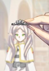  1boy 1girl bai_mei blurry blurry_background capelet commentary earrings elf expressionless frieren green_eyes grey_hair hair_over_shoulder highres himmel_(sousou_no_frieren) holding holding_jewelry holding_ring indoors jewelry long_hair looking_at_viewer parted_bangs photo-referenced pointy_ears pov pov_hands ring shirt sousou_no_frieren striped_clothes striped_shirt teardrop_earrings twintails untranslatable_commentary white_capelet 
