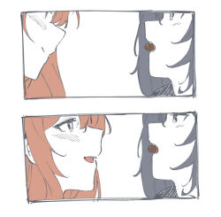  2girls black_hair blush brown_hair chocolate closed_mouth commentary eye_contact highres looking_at_another miyagi_shiori mouth_hold multiple_girls oki_jerry_dori profile sendai_hazuki shuuniichido_classmate_wo_kau_hanashi simple_background smile untranslatable_commentary white_background yuri 