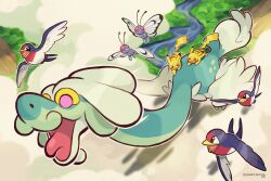  artist_name bird brown_eyes bug butterfly butterfree clouds dragon drampa english_commentary fangs flying highres no_humans open_mouth pikachu pink_eyes pokemon pokemon_(creature) pokemon_focus signature squeegool taillow wings 