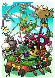  1boy aircraft blipbug blue_sky border bug_catcher_(pokemon) burmy burmy_(plant) burmy_(sandy) burmy_(trash) butterfly_net caterpie character_balloon clouds commentary_request crustle cutiefly dottler durant dynamax ferris_wheel gigantamax gigantamax_orbeetle hand_net hat highres hot_air_balloon male_focus metapod nincada orbeetle pannomimi0301 pokemon pokemon_(creature) roller_coaster scatterbug shedinja shirt shuckle sky snom straw_hat swadloon tarountula venonat white_border white_shirt wormadam wormadam_(plant) wurmple yanmega 