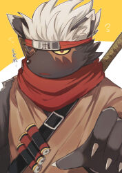  1boy blush commentary_request furry furry_male highres japanese_clothes looking_at_viewer open_mouth red_scarf scarf short_hair solo tadatomo_(housamo) tokyo_afterschool_summoners translation_request upper_body white_hair yano_(zri_088) yellow_eyes 