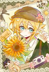  1boy animal_ears basil_(birthday)_(omori) basil_(faraway)_(omori) basil_(omori) blonde_hair blue_eyes blush bouquet brown_hat camera cardigan character_name chibi chinese_commentary closed_mouth collared_shirt commentary_request double-parted_bangs flower green_cardigan hair_between_eyes happy_birthday hat highres holding holding_bouquet kemonomimi_mode looking_at_viewer luoqiloveguangyu newsboy_cap official_alternate_costume omori open_cardigan open_clothes rabbit_boy rabbit_ears shirt short_hair sidelocks smile solo sunflower sunny_(omori) tulip white_flower white_shirt white_tulip 