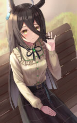  1girl ahoge animal_ears belt bench black_belt black_hair black_ribbon black_skirt blush breasts closed_mouth commentary_request ear_tag earrings frilled_shirt frills gem green_gem hair_between_eyes highres horse_ears horse_girl jewelry long_bangs long_hair long_hair_between_eyes long_sleeves looking_at_viewer manhattan_cafe_(casual)_(umamusume) manhattan_cafe_(umamusume) multicolored_hair neck_ribbon no_tail on_bench ribbon shirt shirt_tucked_in single_earring sitting skirt small_breasts smile solo thurumu umamusume waving white_hair yellow_eyes yellow_shirt 