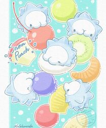  absurdres apple aqua_background banana blue_eyes blueberry blush blush_stickers border bug character_name cherry commentary_request food food_focus fruit grapes highres kiwi_(fruit) no_humans orange_(fruit) pokemon pokemon_(creature) pokemon_focus sasabunecafe snom 