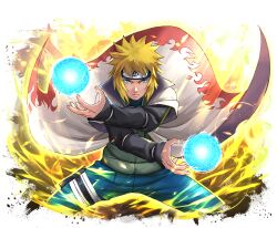  1boy black_shirt blonde_hair blue_eyes blue_pants coat flak_jacket flame_print forehead_protector jacket konohagakure_symbol layered_sleeves long_sleeves looking_at_viewer namikaze_minato naruto_(series) naruto_shippuuden:_ultimate_ninja_blazing official_art open_clothes open_coat pants print_coat rasengan shirt short_hair short_over_long_sleeves short_sleeves solo white_coat 