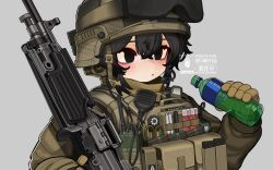  1girl black_eyes black_hair blush bottle brown_gloves brown_helmet brown_jacket commentary ear_protection freckles gloves grey_background gun hair_between_eyes headset helmet highres holding holding_bottle holding_gun holding_weapon iwasawayuki jacket original parted_lips simple_background solo upper_body weapon weapon_request 