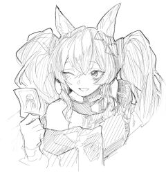  1girl :d angelina_(arknights) animal_ears arknights arknights:_endfield bare_shoulders breasts coat cropped_torso dress endministrator_(arknights) female_endministrator_(arknights) fox_ears fox_girl gilberta_(arknights) greyscale headpiece high_collar highres holding holding_photo koke_(kocketmonster) long_hair looking_at_object medium_breasts monochrome off_shoulder one_eye_closed open_clothes open_coat photo_(object) polaroid_photo simple_background sketch sleeveless sleeveless_dress smile solo twintails upper_body white_background 