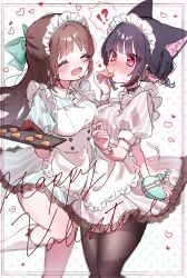  2girls ? ^_^ absurdres airi_(blue_archive) alternate_costume alternate_hairstyle animal_ears black_choker black_hair blue_archive blush breasts brown_hair cake cat_ears choker closed_eyes colored_inner_animal_ears colored_inner_hair commentary_request eating extra_ears feeding food green_halo halo happy_valentine highres holding holding_food kazusa_(blue_archive) long_hair long_sleeves multicolored_hair multiple_girls na_nya777 open_mouth pink_hair pink_halo red_eyes short_hair smile spoken_question_mark two-tone_hair 