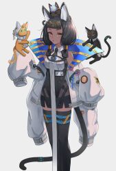  1girl absurdres animal animal_ear_fluff animal_ears arknights bare_shoulders black_cat black_hair black_necktie black_tail black_thighhighs blue_coat blue_flower blunt_bangs brown_cat cat chinese_commentary clothes_writing coat commentary dark-skinned_female dark_skin extra_arms feet_out_of_frame flower gold grey_background grey_coat hair_ornament hair_tubes heli_herri highres infection_monitor_(arknights) long_sleeves looking_at_viewer medium_hair necktie off_shoulder parted_lips puffy_long_sleeves puffy_sleeves short_necktie simple_background solo tail thigh-highs titi_(arknights) two-sided_coat two-sided_fabric yellow_eyes 