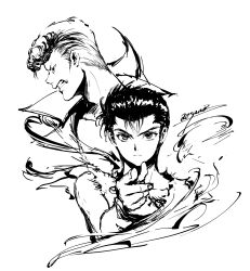  2boys aosuna clenched_teeth closed_mouth commentary_request highres kuwabara_kazuma looking_at_viewer looking_to_the_side male_focus multiple_boys open_mouth pompadour shirt short_hair signature sleeveless sleeveless_shirt teeth upper_body urameshi_yusuke yu_yu_hakusho 