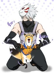  2boys animalization bare_shoulders black_gloves black_mask black_pants black_shirt black_shoes blue_headband closed_eyes commentary elbow_gloves fox fox_mask full_body gloves grey_hair hair_between_eyes hatake_kakashi headband highres jacket kneeling konohagakure_symbol male_focus mask mask_on_head mouth_mask multiple_boys naruto_(classic) naruto_(series) okbdko123 open-toe_shoes orange_jacket pants scar scar_across_eye scar_on_face shirt shoes smile spiky_hair untranslatable_commentary uzumaki_naruto 