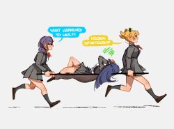  3girls black_socks blonde_hair blue_hair blush bow bowtie brown_shoes commentary daiba_nana english_commentary english_text glasses grey_jacket grey_skirt highres hoshimi_junna implied_yuri jacket long_hair multiple_girls open_mouth pleated_skirt ponytail purple_hair realbigtigers red_bow red_bowtie seishou_music_academy_uniform shoes short_twintails shoujo_kageki_revue_starlight simple_background skirt socks speech_bubble squiggle stretcher tsuyuzaki_mahiru twintails white_background 