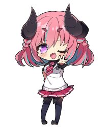  1girl ;d black_horns black_shirt black_shoes black_thighhighs blue_streaks braid chibi chibi_only demon_girl demon_horns fang full_body hair_between_eyes hajimeru_sekai_no_risouron half_up_braid hand_on_own_hip hellmilia_van_noxrose horns looking_at_viewer medium_hair milkpanda miniskirt multicolored_hair official_art one_eye_closed open_mouth outstretched_arm outstretched_hand pink_hair pleated_skirt red_skirt school_uniform shirt shoes short_sleeves simple_background skin_fang skirt smile solo standing streaked_hair sweater_vest thick_eyebrows thigh-highs transparent_background violet_eyes white_sweater_vest 