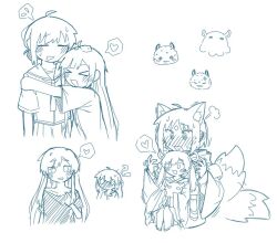  !? 3girls @_@ animal_ear_fluff animal_ears blue_theme blush cho_kaguya-hime! collarbone commentary_request facial_mark flustered forehead_mark fox_ears fox_girl fox_tail fushi_(cho_kaguya-hime!) hair_rings heart japanese_clothes kaguya_(cho_kaguya-hime!) kimono long_sleeves mikaaadukimo monochrome multiple_girls neckerchief nose_blush open_mouth pleated_skirt puff_of_air runami_yachiyo sailor_collar sakayori_iroha school_uniform serafuku shirt short_sleeves sitting skirt speech_bubble spoken_heart t-shirt tail twintails umbrella_octopus yuri 