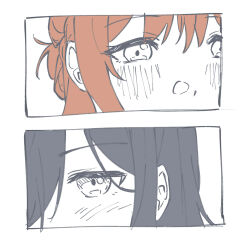  2girls black_hair blush braid brown_hair commentary half_up_braid highres miyagi_shiori multiple_girls oki_jerry_dori profile sendai_hazuki shuuniichido_classmate_wo_kau_hanashi simple_background untranslatable_commentary white_background yuri 