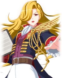  1girl ascot badge belt blonde_hair blue_coat brown_belt buttons clipboard closed_mouth coat cowboy_shot frilled_sleeves frills game_cg hair_over_one_eye highres holding holding_clipboard idol_wars iyoko_(idol_wars) layered_sleeves long_sleeves looking_at_viewer official_art one_eye_covered open_clothes open_coat outstretched_arm pants purple_shirt red_eyes red_lips rope second-party_source shirt simple_background solo sparkle transparent_background white_ascot white_pants wing_ornament 