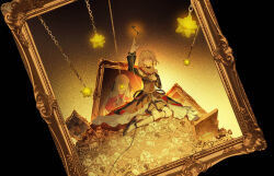  1girl absurdres bang_dream! bang_dream!_it's_mygo!!!!! bare_shoulders black_background black_dress black_shorts blonde_hair chibi commentary_request cuffs doloris_(bang_dream!) dress garter_straps grey_socks handcuffs highres key kneehighs medium_hair misumi_uika oblivionis_(bang_dream!) open_mouth picture_frame shorts simple_background socks togawa_sakiko violet_eyes yang_lizi 