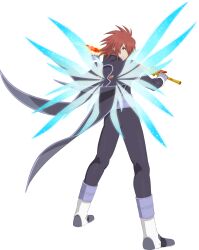  1boy artist_request belt blue_wings boots brown_eyes cape closed_mouth energy_wings fingerless_gloves from_behind full_body game_cg gloves highres holding holding_sword holding_weapon kratos_aurion leggings looking_at_viewer medium_hair multiple_belts official_art purple_belt purple_cape purple_gloves purple_leggings purple_trim red_hair solo spiky_hair sword tales_of_(series) tales_of_asteria tales_of_symphonia third-party_source transparent_background weapon white_boots wings 