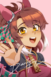  1girl ahoge animal_ears black_shrug blush boro^2 breasts brown_eyes brown_hair character_name checkered_ribbon commentary dantsu_flame_(center_spotlight)_(umamusume) dantsu_flame_(umamusume) ear_covers ear_ribbon english_commentary hair_between_eyes hairband highres horse_ears horse_girl looking_at_viewer multicolored_hair open_mouth pink_hairband shirt shrug_(clothing) simple_background smile solo teeth umamusume upper_teeth_only waving white_hair 