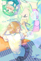  1girl abstract_background artist_self-insert blue_background blue_shirt blue_skirt blue_trim brown_hair bubble character_puppet closed_eyes commentary_request detached_sleeves english_text frog_hair_ornament from_above green_hair hair_ornament headphones highres indis kochiya_sanae marker medium_hair open_mouth original parted_lips pleated_skirt ponytail purple_background purple_skirt shirt short_hair short_sleeves skirt snake_hair_ornament solo table touhou violet_eyes white_shirt 