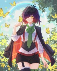  1girl angrycomputer_studio black_hair black_jacket bug butterfly butterfly_on_hand commentary english_commentary flower green_necktie hand_up highres jacket long_sleeves loose_necktie medium_hair multicolored_hair necktie one_eye_covered open_clothes open_jacket original plaid_clothes purple_hair rainbow red_hair shirt smile solo standing suspenders white_shirt yellow_butterfly yellow_eyes yellow_flower 
