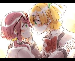  2girls :| bbr_brbr bell black-framed_eyewear black_trim blonde_hair blush bow bowtie closed_mouth collared_shirt commentary_request daiba_nana dated english_text eye_contact eyewear_on_head face-to-face from_side glasses gradient_background green_eyes green_ribbon grey_jacket grey_shirt hair_bell hair_ornament hair_over_shoulder hair_ribbon hand_on_another's_face hand_up hands_up holding_hands hoshimi_junna jacket letterboxed long_hair looking_at_another low_side_ponytail multiple_girls one_side_up parted_bangs profile purple_hair red_bow red_bowtie ribbon school_uniform seishou_music_academy_uniform shirt short_hair shoujo_kageki_revue_starlight sidelocks small_sweatdrop smile upper_body white_background yellow_background yuri 