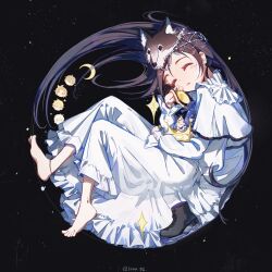  1girl absurdres akeuraji_tsukasa barefoot black_background black_hair chibi chinese_commentary closed_eyes commentary_request crescent crown dress frilled_dress frilled_sleeves frills full_body hair_spread_out highres holding_medal ice_skates kamisaki_hikaru lava131501 long_hair lying medalist_(manga) on_side shoes skates sleeping solo sonidori_rioh unworn_shoes white_dress wolf_mask yodaka_jun yuitsuka_inori 