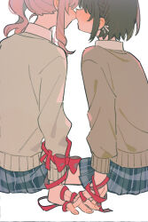  1girl 1other akiyama_mizuki arm_at_side blue_skirt blush bow braid brown_cardigan cardigan commentary_request face-to-face facing_another fingernails from_behind full-face_blush full_body hair_bow hair_over_one_eye hand_on_another's_hand hand_rest highres imminent_kiss interlocked_fingers invisible_floor kamiyama_high_school_uniform_(project_sekai) long_sleeves medium_hair minamip miniskirt open_mouth other_with_female parted_lips pink_hair plaid_clothes plaid_skirt pleated_skirt ponytail profile project_sekai red_bow red_ribbon ribbon school_uniform shinonome_ena short_braid short_hair side-by-side side_braid sidelocks sitting skirt sleeve_bow white_background white_bow 