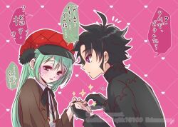  1boy 1girl black_hair blush commentary_request eda_mame_(mol) fingerless_gloves gloves green_eyes green_hair hat holding ichi_(madan_no_ichi) jacket jewelry kumugi_(madan_no_ichi) long_hair long_sleeves madan_no_ichi open_mouth ribbon ring shirt short_hair speech_bubble sweatdrop translation_request twintails witch 