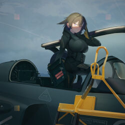  1girl absurdres aircraft airplane black_hair bodysuit breasts commentary english_commentary english_text fighter_jet gloves highres impossible_bodysuit impossible_clothes large_breasts light_smile looking_at_viewer map medium_hair military military_uniform military_vehicle multicolored_gloves original polilla skin_tight solo_focus two-tone_gloves violet_eyes 