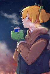  1girl bag bbr_brbr blonde_hair blurry blurry_background breath buttons can collared_shirt commentary_request daiba_nana depth_of_field from_side green_eyes green_jacket green_mittens green_ribbon hair_between_eyes hair_ribbon hands_up highres holding holding_can jacket long_sleeves looking_ahead mittens night outdoors parted_lips profile ribbon shirt short_hair shoujo_kageki_revue_starlight shoulder_bag solo two_side_up upper_body white_shirt 