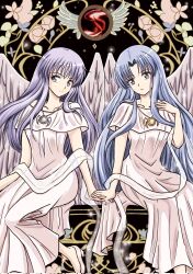  2girls ancient_ys_vanished angel_wings blue_hair closed_mouth collarbone commentary_request curtained_hair dress feena_(ys) gotoco18 grey_eyes hair_between_eyes hand_on_another's_hand high_heels highres jewelry long_hair long_sidelocks looking_at_viewer multiple_girls necklace parted_bangs parted_lips pendant purple_hair reah_(ys) siblings sidelocks sitting sleeveless sleeveless_dress smile twins upper_body white_dress wings ys 