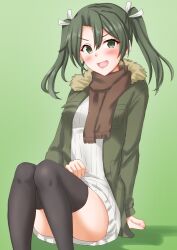  1girl alternate_costume anti_(untea9) black_thighhighs blush coat commentary_request fur_trim green_background green_eyes green_hair green_jacket hair_between_eyes hair_ribbon jacket kantai_collection long_hair long_sleeves ribbon scarf skirt smile sweater thigh-highs twintails white_ribbon zuikaku_(kancolle) zuikaku_(valentine)_(kancolle) 