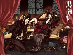  black_hair blue_hair cake chocolate ciel_phantomhive couch food fork formal fruit gift gloves gothic hat kuroshitsuji male mouth_hold official_art pastry sebastian_michaelis shounen_ai single_shoe suit toboso_yana wallpaper white_gloves 