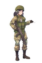  1girl absurdres ak-74m ammunition_pouch assault_rifle black_gloves black_hair body_armor boots brown_eyes camouflage camouflage_jacket camouflage_pants cigarette combat_helmet commission expressionless fluffkaiser full_body gloves gun helmet highres holding holding_cigarette holding_gun holding_weapon jacket kalashnikov_rifle knee_pads long_hair military_jacket military_uniform original pants pouch rifle russian_ground_forces russo-ukrainian_war shoulder_pocket simple_background smoke soldier solo standing weapon 